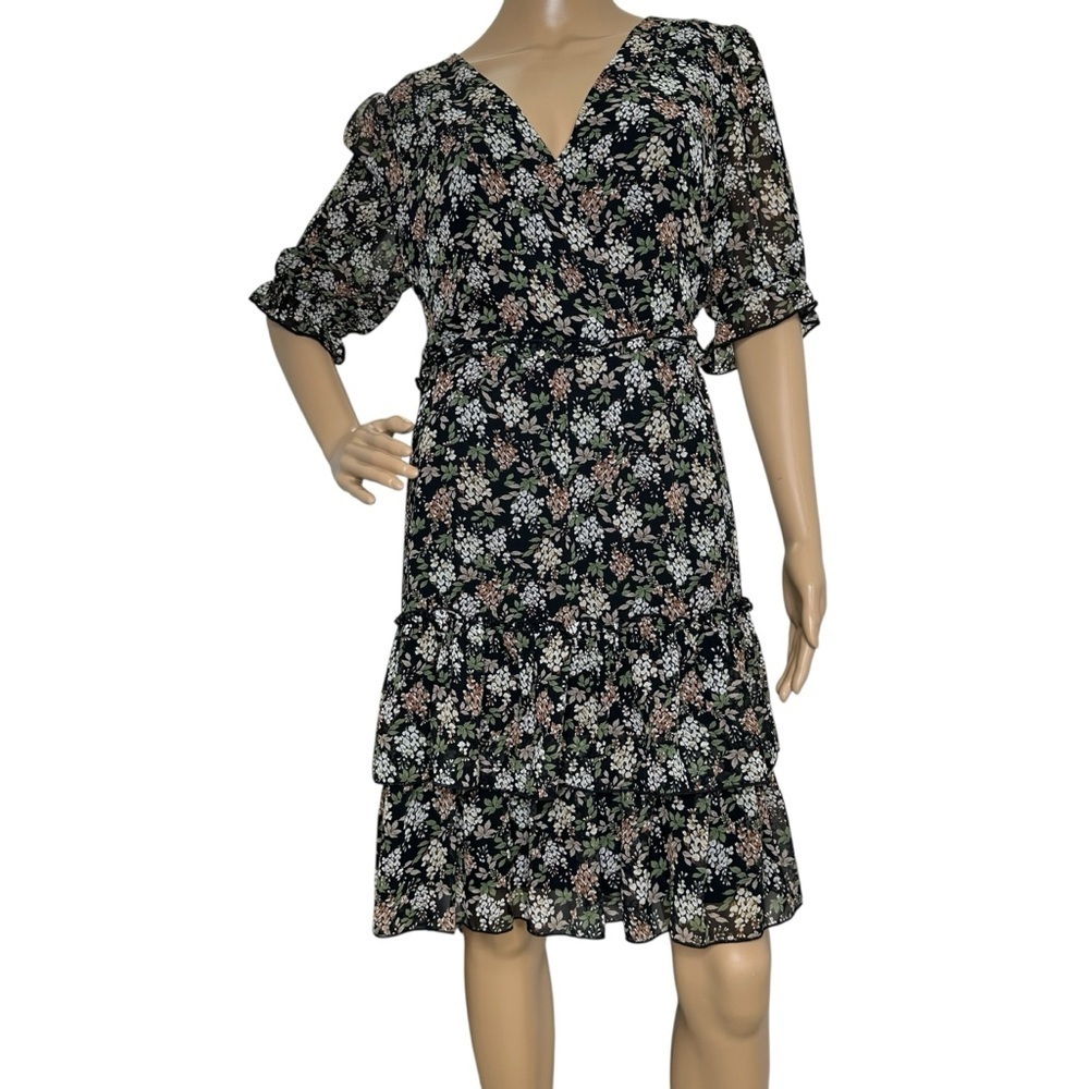Leslie Fay Floral Black Dress Short Sleeves Ruffle 8